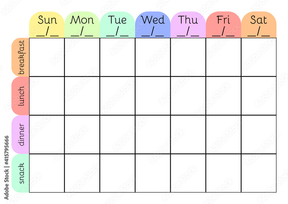 Weekly menu A4 printable planner template. Meal schedule blank. Undated ...