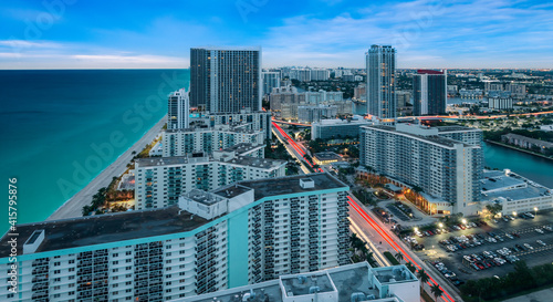 Aerial cityscape view of Hollywood Florida at dusk. photo