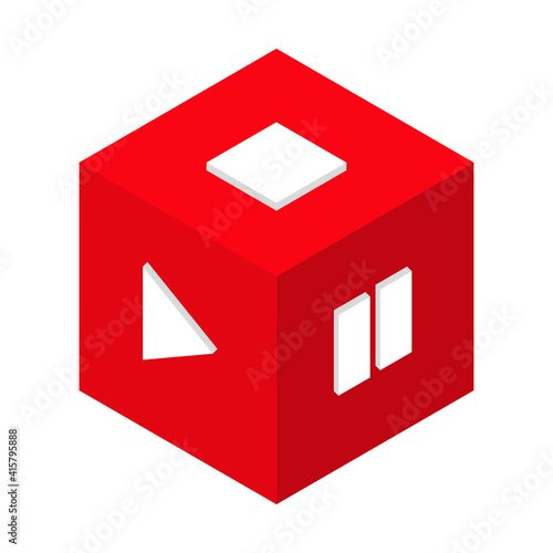 Play button, pause, stop, isometric cube, red. Isolated on white background. Vector
