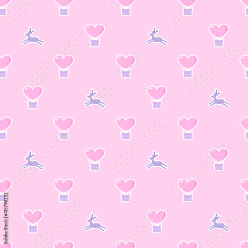 Seamless pattern with cute balloons and deers on pink background.