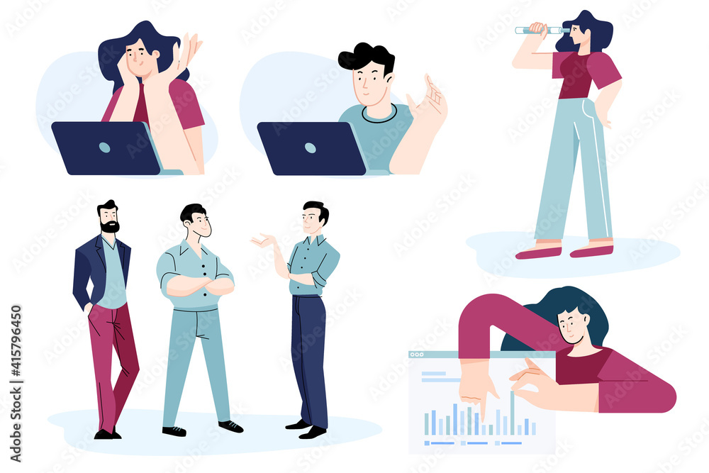 Set of flat design people concepts for business, technology, online communication, meeting. Vector illustrations for graphic and web design, business presentation, marketing material. 