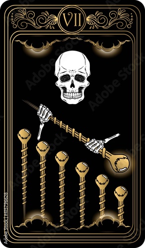 Seven of wands. Card of Minor arcana black and gold tarot cards. Tarot deck. Vector hand drawn illustration with occult, mystical and esoteric symbols.
