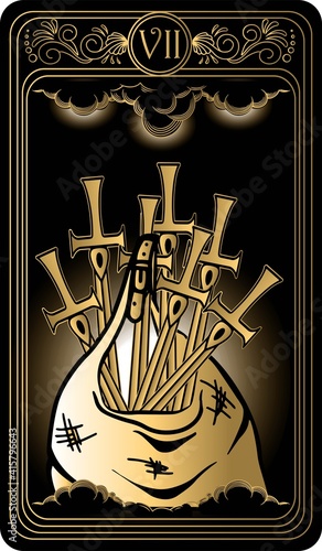 Seven of swords. Card of Minor arcana black and gold tarot cards. Tarot deck. Vector hand drawn illustration with occult, mystical and esoteric symbols.
