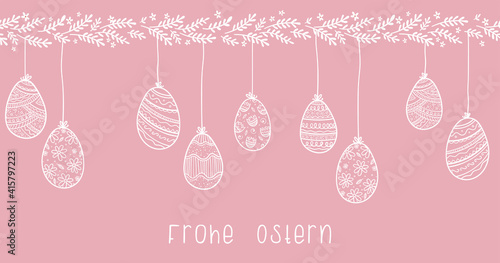 Lovely hand drawn easter design with text in german "Happy Easter" cute hand drawn bunnies, eggs and decoration - vector design