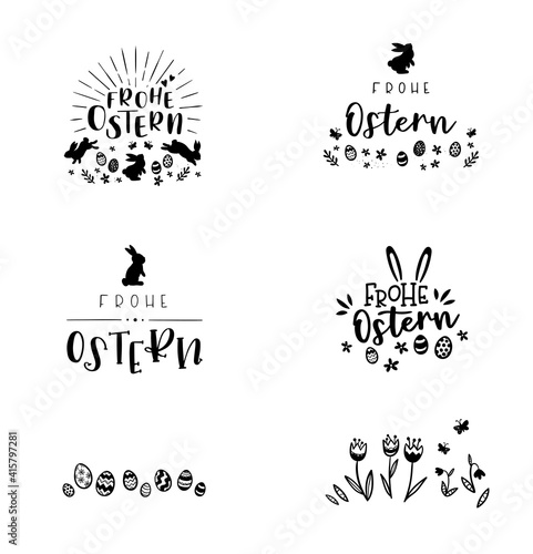 Collection of lovely hand drawn easter designs with text in german "Happy Easter" cute hand drawn bunnies, eggs and decoration - vector design