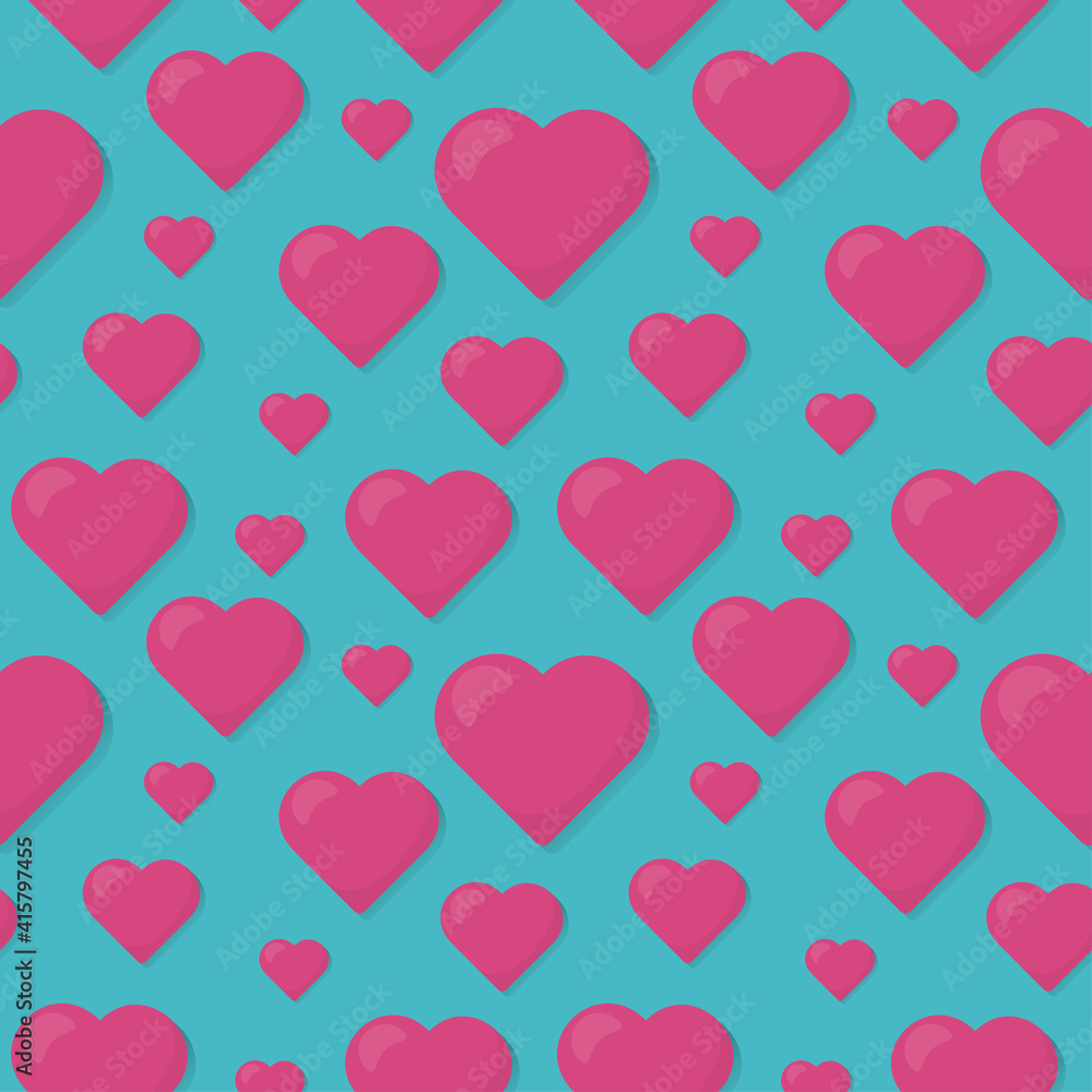 Pink hearts seamless pattern on blue background