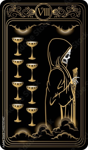 Eight of cups. Card of Minor arcana black and gold tarot cards. Tarot deck. Vector hand drawn illustration with skull, occult, mystical and esoteric symbols.