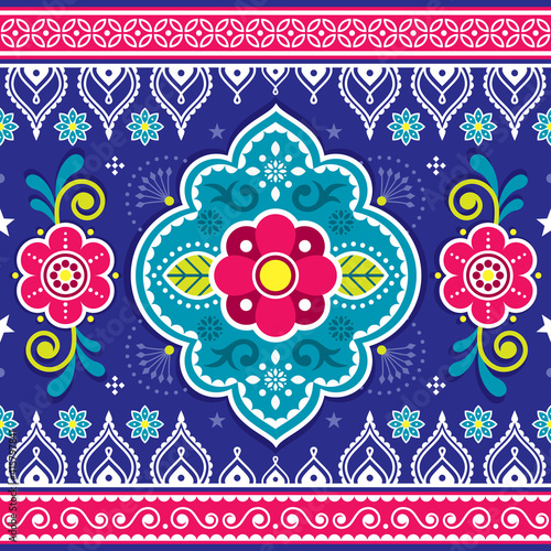 Indian and Pakistani truck art vector seamless pattern design with flowers and geometric shapes, vibrant traditional Diwali ornament
