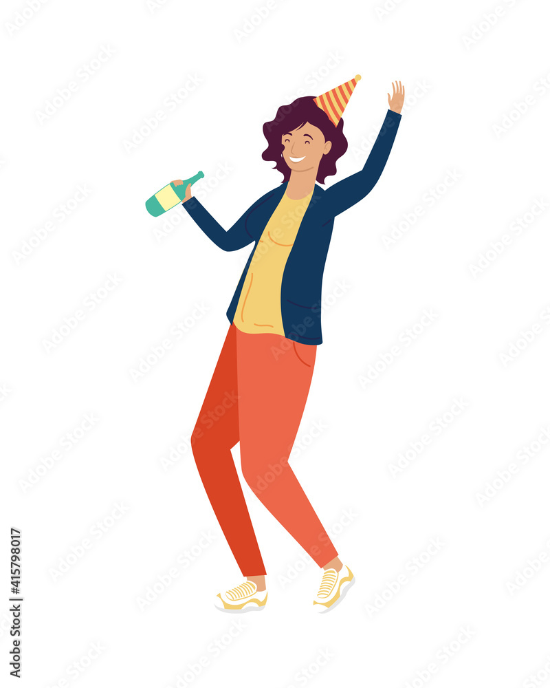 young woman with wine bottle and hat celebrating birthday character young woman with wine bottle and hat celebrating birthday character