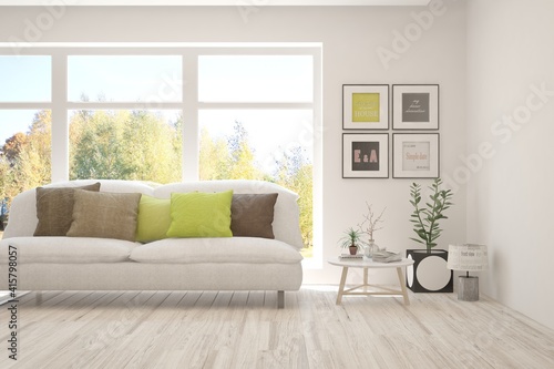 White living room with sofa. Scandinavian interior design. 3D illustration