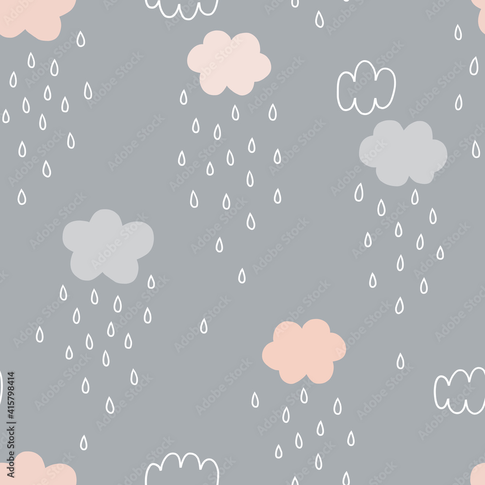Rainy weather sky seamless vector pattern. Simple pink and grey Raindrops Cloud Scandinavian baby nursery print design. 