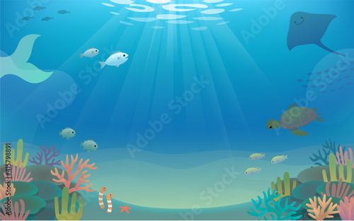 海の中　珊瑚と魚のイラスト