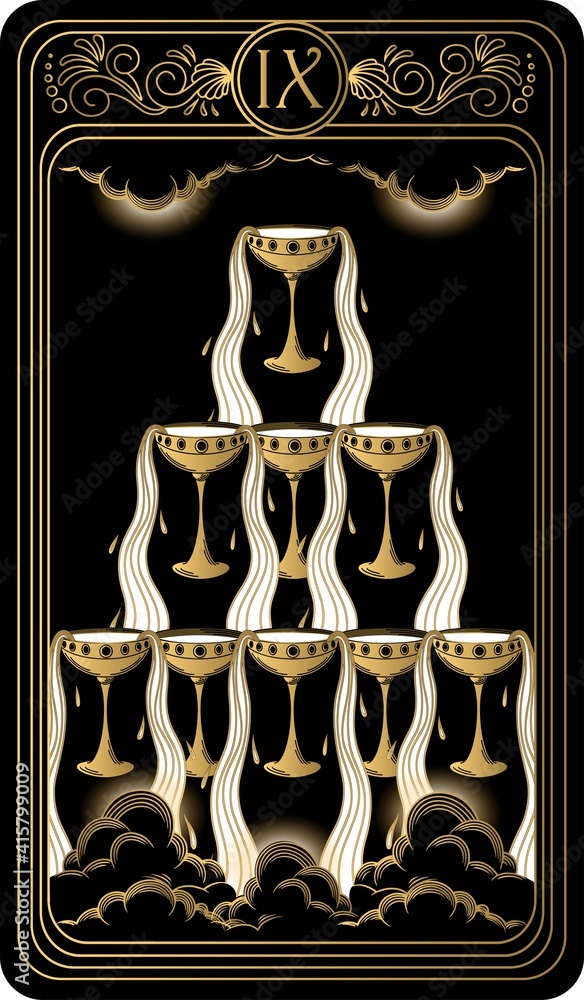 Nine of cups. Card of Minor arcana black and gold tarot cards. Tarot deck.  Vector hand drawn illustration with skull, occult, mystical and esoteric  symbols. Stock Vector | Adobe Stock