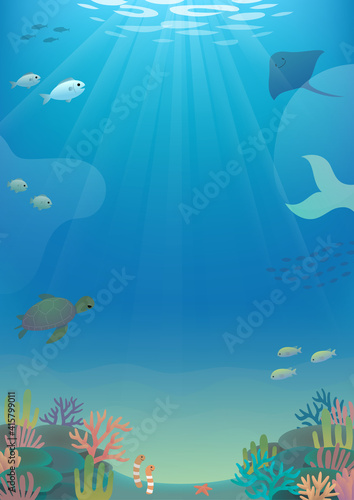 海の中　珊瑚と魚のイラスト