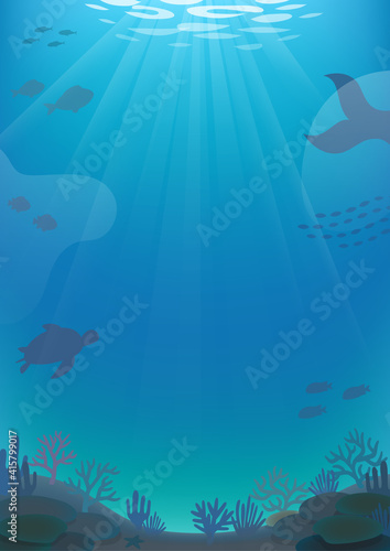 海の中　珊瑚と魚のイラスト