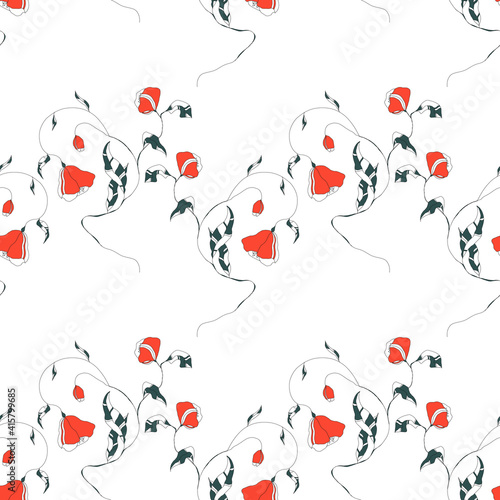 floral seamless pattern of poppies and leaves