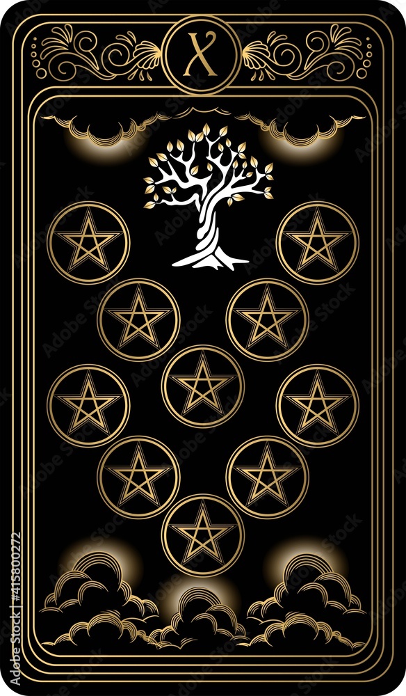 Ten of pentacles. Card of Minor arcana black and gold tarot cards. Tarot  deck. Vector hand drawn illustration with occult, mystical and esoteric  symbols. Stock Vector | Adobe Stock