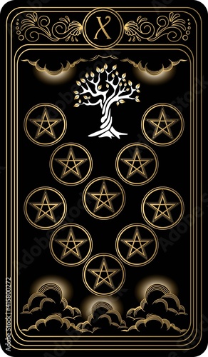 Ten of pentacles. Card of Minor arcana black and gold tarot cards. Tarot deck. Vector hand drawn illustration with  occult, mystical and esoteric symbols.