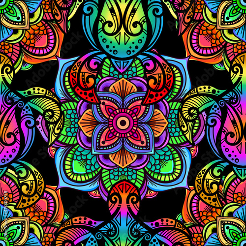 Sea turtle in psychedelic multicolor colors with lotuses and mandala in the style of boho - seamless pattern