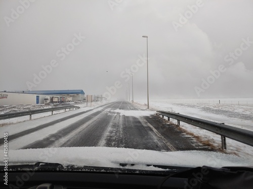 This is a picture of Iceland's winter road scene taken in the car, January 2020.