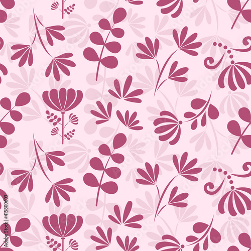 Seamless pattern with flowers on a pink background. Pattern with silhouettes of flowers. Decorative three-color pattern with abstract flowers.