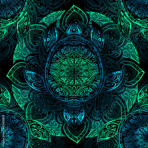 Sea turtle in psychedelic multicolor colors with lotuses and mandala in the style of boho - seamless pattern