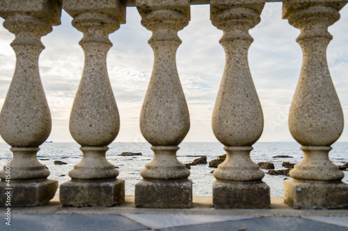 Leghorn, Tuscany Italy. Mascagni Terrace. Terrazza Mascagni, is a square overlooking the sea, with its very special black and white checkered floor.