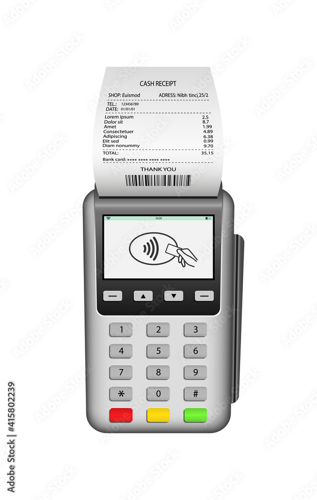 Pos terminal. Pos machine for payment. nfc pay with invoice. Card pay in terminal with receipt. Realistic mockup of wireless payment with help credit, debit card. Device for purchase. Vector Pos terminal. Pos machine for payment. nfc pay with invoice. Card pay in terminal with receipt. Realistic mockup of wireless payment with help credit, debit card. Device for purchase. Vector