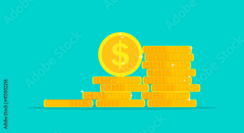 Coin money stack. Pile of gold dollar. Icon of golden cent and penny. Treasure and income isolated on blue background. Symbol of finance, cash, currency and investment. Heap of gold coins. Vector