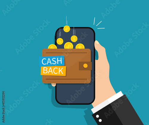 Cash back in smartphone. Cashback of money. Refund of coin in wallet of phone. Coins fall in smartphone wallet. Offer of reward in bank, shop. Cash back concept. Hand hold phone with cashback. Vector