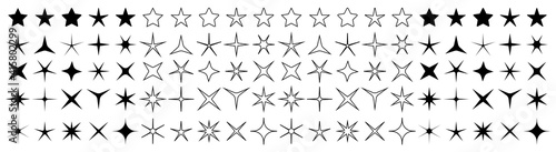 Icons of sparkle stars. Set of twinkle stars for holiday and christmas. Shiny graphic symbol for feedback or decorative. Black silhouette shapes of magic logos. Bright stars. Vector