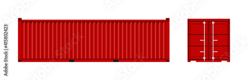 Cargo container. Cargo box from ship. Freight container for shipping of merchandise. Red metal transport in port isolated on white background. Trailer with door for storage, export and import. Vector