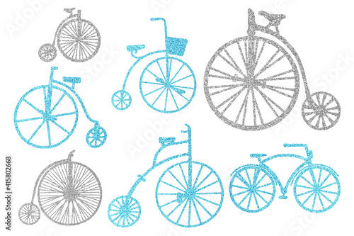 Vintage bicycles set. Glitter clip art on white background