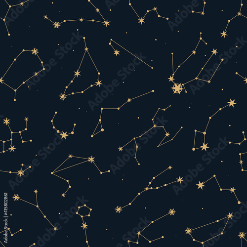 Vector magic seamless pattern with constellations and stars. Mystical esoteric background for design of fabric, packaging, astrology, phone case, yoga mat, notebook covers, wrapping paper.