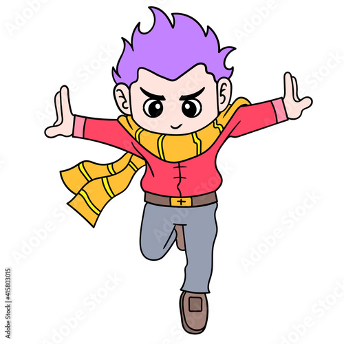 Stylish boy jump down like a superhero, doodle icon image kawaii