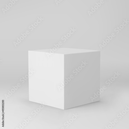 White 3d cube with perspective isolated on grey background. 3d modeling box with lighting and shadow. Realistic vector icon © janevasileva