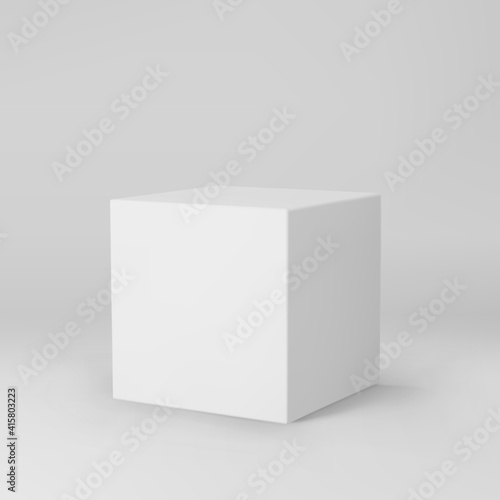White 3d cube with perspective isolated on grey background. 3d modeling box with lighting and shadow. Realistic vector icon