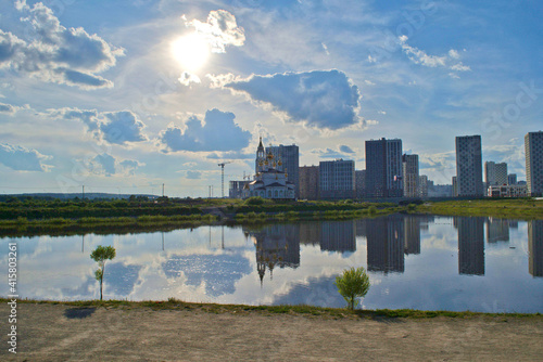 Church by the water in the city