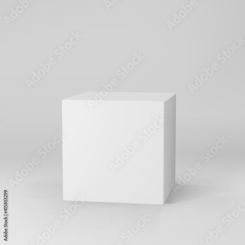 White 3d cube with perspective isolated on grey background. 3d modeling box with lighting and shadow. Realistic vector icon