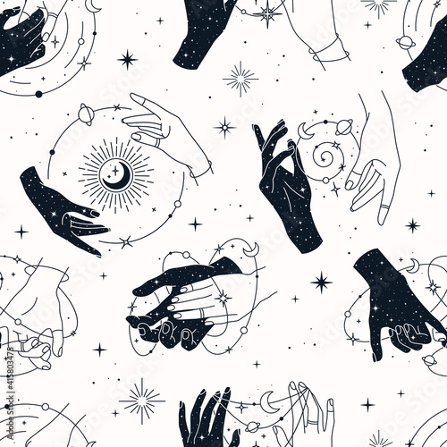 Vector seamless pattern with couple and single hands, planets, constellations, sun, moons and stars. Trendy background for design of fabric, packaging, phone case, notebook covers, astrology, wrapping