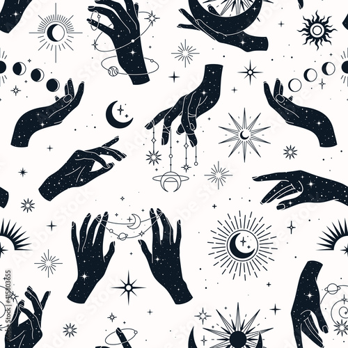 Vector seamless pattern with couple and single hands, planets, constellations, sun, moons and stars. Trendy background for design of fabric, packaging, phone case, notebook covers, astrology, wrapping