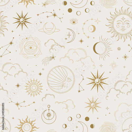 Vector magic seamless pattern with constellations, sun, moon, magic eyes, clouds and stars. Mystical esoteric background for design of fabric, packaging, astrology, phone case, yoga mat, notebook