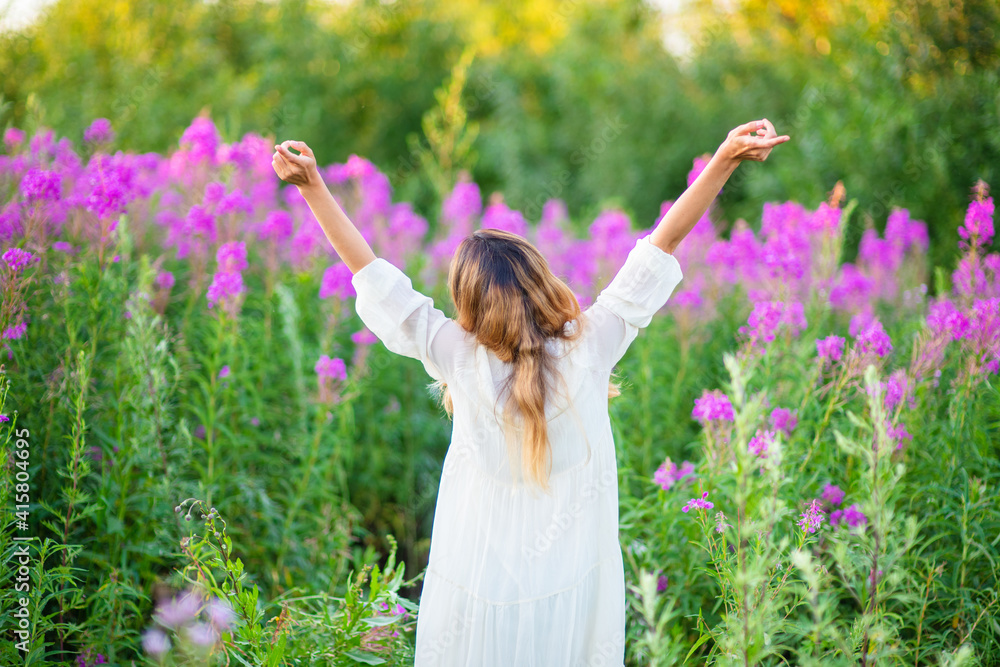 A young woman stands in the Ivan tea field. Spring mood concept. Collection of medicinal herbs A young woman stands in the Ivan tea field. Spring mood concept. Collection of medicinal herbs
