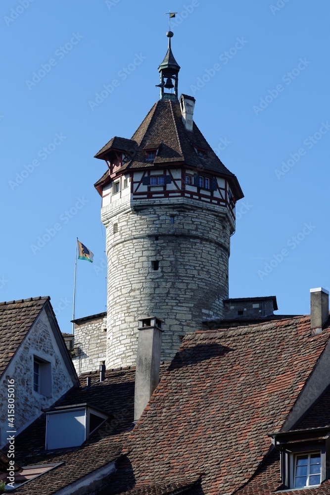 The round tower of Munot medieval castle in town Schaffhausen, Switzerland