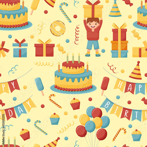 Birthday cream cakes  gift boxes  garlands flat vector seamless pattern. Hand drawn background for a party  holiday