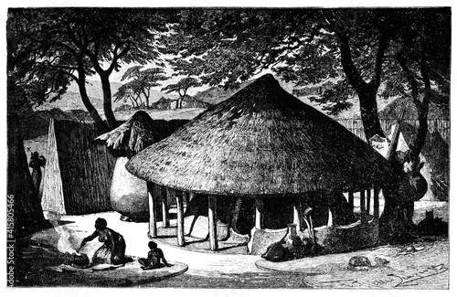 South African village.Culture and history of Africa. Vintage antique black and white illustration. 19th century.