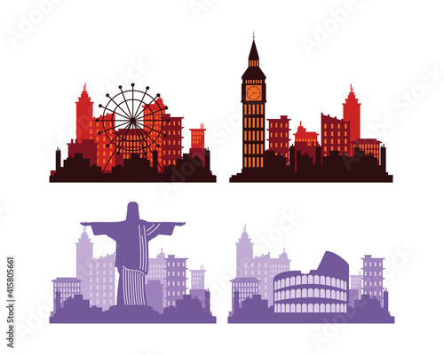 bundle of four cities silhouettes scenes