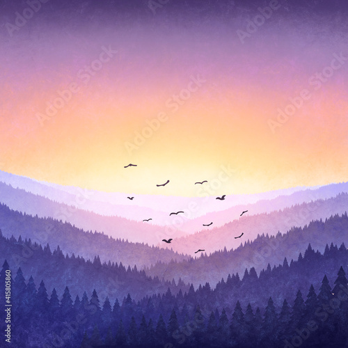 Watercolor illustration of a forest at sunset. Acrylic background of purple mountains at sunrise. Birds flying over the trees © Kler