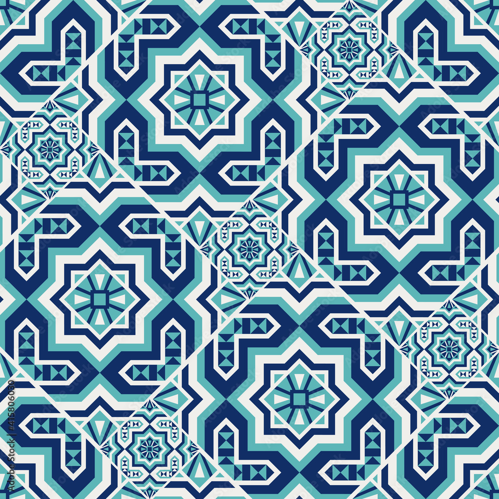 Moroccan tile pattern vector seamless parquet with mosaic arabesque motif. Spanish ceramic, portuguese azulejo, mexico talavera, italian sicily majolica, mediterranean texture design.