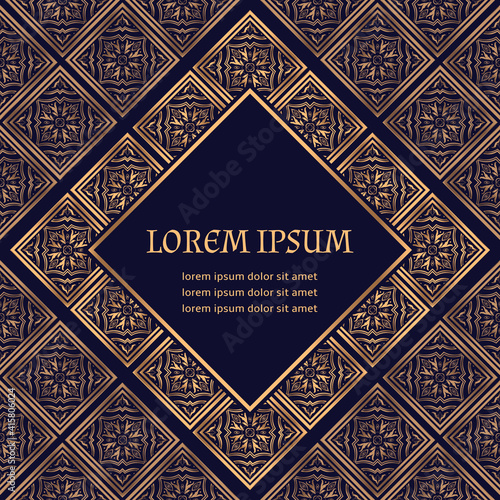 Golden luxury background vector. Arabesque tile royal pattern card template. Islamic design for Christmas beauty spa flyer, New year party invitation, wedding, save the date, Ramadan holiday.